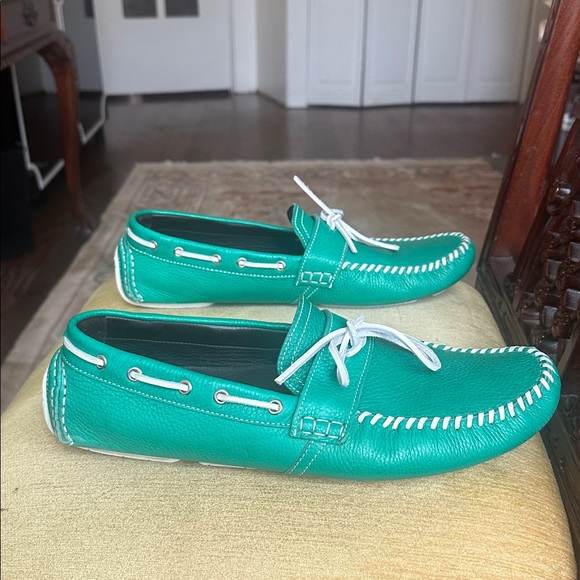 Jimmy Choo Men\'s Green Leather Loafers Moccasins with White Accents Size US 13 main image 5
